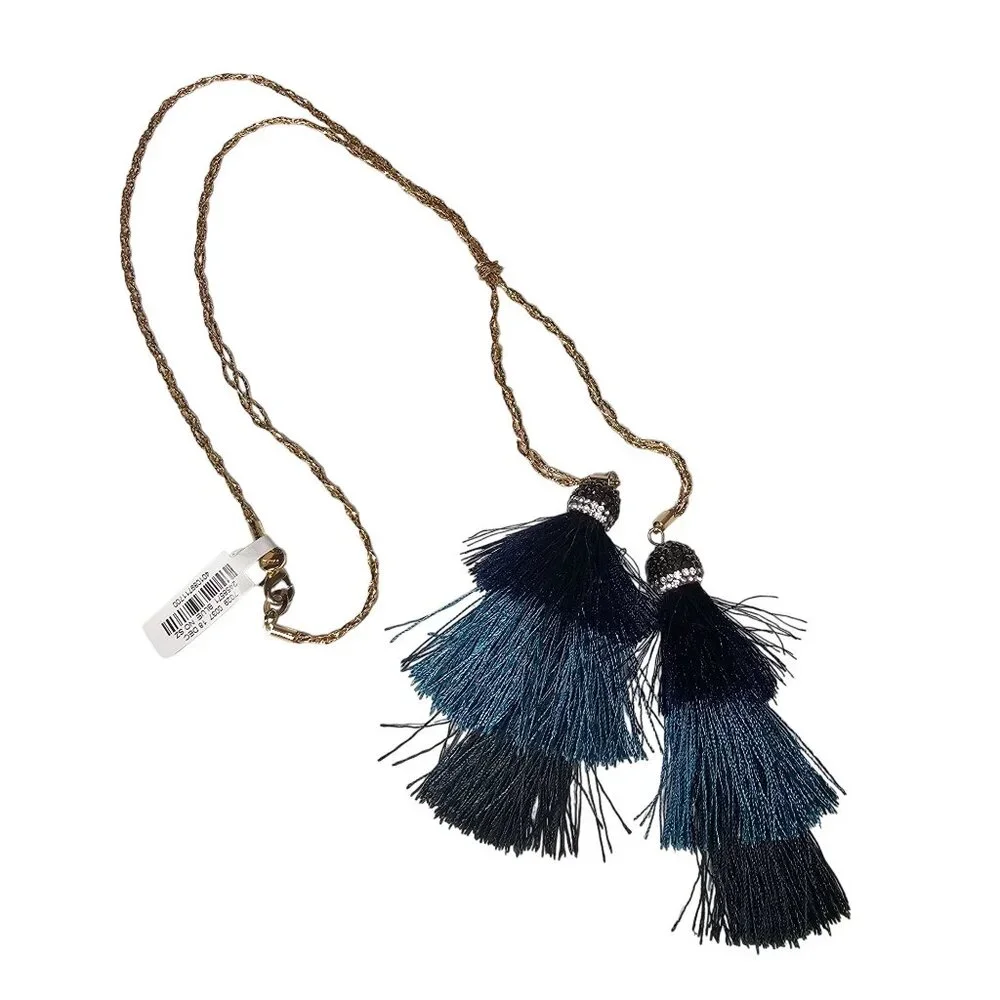 Neiman Marcus Gold-Tone‎ Rope Chain Necklace W/ Blue & Black Tassels 19